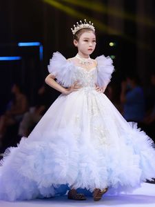 Lovely Lace Flower Girl Dress Bows Children's First Communion Dress crystal sequined Princess Formal Tulle Ball Gown Wedding Party gowns
