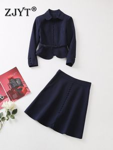 Tvådelad klänning Zjyt Runway Designer Dark Blue Blazer Suits With Kirt 2 Womens Outfits Office Wear Wear Elegant Lady Party Set 221122