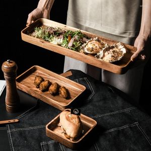 Plates 1Pcs Acacia Wood Serving Tray Square Rectangle Breakfast Sushi Snack Bread Dessert Cake Plate With Easy Carry Grooved Handle