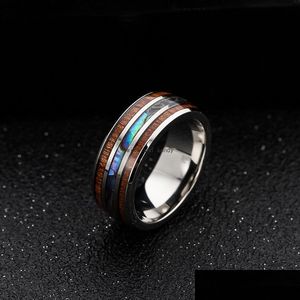 Ringas de banda Ringas de casamento de 8mm de 8mm de casamento de 8mm embutido an￩is de madeira koa havaianos e dedo de a￧o de tit￢nio de tit￢nio abalone para homens homens moda j dhtwe