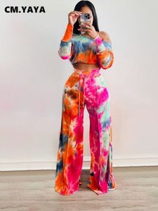 Womens Two Piece Pants Cmyaya Tie Dye Tracksuit Off Shoulder Long Sleeve Tshirt och Loose Matching 2 Set Outfits Sweatsuit 221123