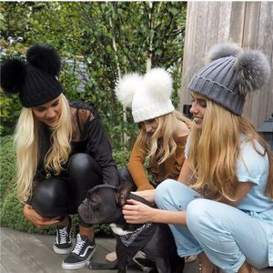 BeanieSkull Caps double natural Pom Poms hat Girls Boys Winter Warm Fur Pompom Ball Knitted Beanies Hat Skullies Cotton Bonnet 221122