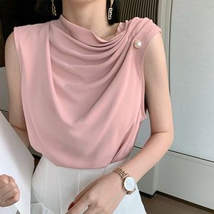 Kvinnors jumpsuits rompers Summer Sleeveless Chiffon Blus Women Elegant Beading Pleated Hong Kong Style Shirts French Bottoming Top Blusas 13036 221123