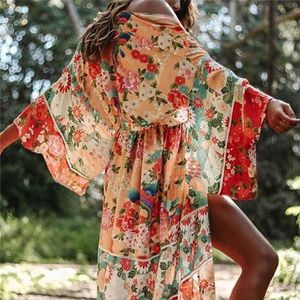 Kadın Tulumları Tulumcular Bohem Baskılı Yaz Plaj Sarısı Elbise Kadın Plaj Giyim Pamuk Tunik Çin Tarzı Seksi Ön Açık Kimono Elbise N751 221123