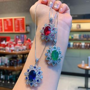 Pendant Necklaces EYIKA Luxury Zircon Created Ruby Sapphire Emerald Stone Big Snowflake Necklace Wedding Engagement Women Fine Jewelry