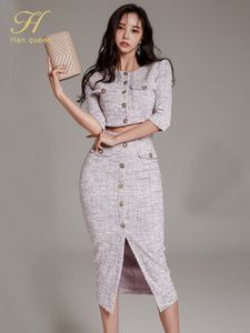 Two Piece Dress H Han Queen Women Autumn Winter 2 Pieces Set Single Breasted Short Tops High Waist Pencil Skirt Korean Simple Suit 221122