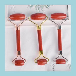 Face Massager Double Head Jade Face Roller With Sile Cap Natural Red Stone Mas Rollers Slimming Anti Wrinkle Cellite Beauty Crystal Dhflk