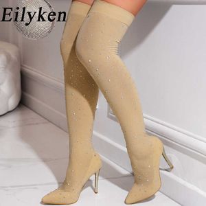 Buty Eilyken seksowne kryształowy tkanina startowa Sock tkanina nad kolanem uda sztyletowy stiletto wysokie palec palców butów zapatillas mujer 221123