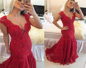 Burgundy Arabic Style Mermaid Prom Dresses Dark Red V neck See Through Button Back Lace Pearls Cap Sleeves Reception Evening Gowns8863690
