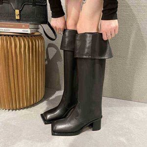 Designer Boots Below Knee Women Fashion Shoes Leather Women's 2022 Autumn and Winter New Folding High Heels Above Knight Square Head Thick Heel 220725