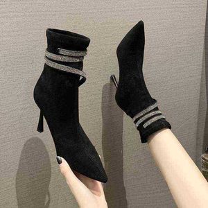 Designer Boots Autumn and Winter New Sexy Pointed Fashion Women Leather Rhinestone High Heels Short Women's Thin Elastic Martin Woman Shoes 220726