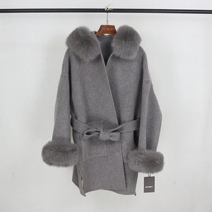 Women's Wool Blends OFTBUY Real Fur Coat Winter Jacket Women Natural Collar Cuffs Hood Cashmere en Oversize Ladies Outerwear 221123