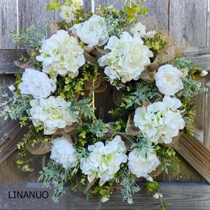 Dekorativa blommor 45 cm Natural Rattan Circle Peony Wreath Silk Hydrangea Eucalyptus Leaf Garland Julhem ytterd￶rrdekorationer