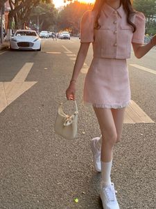 Two Piece Dress Sweet Temperament Pink Puff Sleeve Lapel Coat Women Single breasted Short Jacket Summer Fashion Mini Skirts Matching Sets Chic 221122