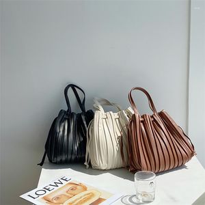 Evening Bags Korean Style Shoulder For Women PU Soft Leather Stripes Ruched Solid Color Tie Closure Top-Handle Bag Female Casual