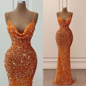 Orange mermaid abendkleider funkelne pailletten ärmellose spaghetti gaste designer ruched maßgefertigte formale ocn wear arabic prom testidos vestidos