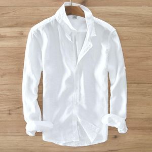 قمصان رجالية عادية 2022 مصمم على الطراز الإيطالي قميص بأكمام طويلة من الكتان للرجال ماركة 5 ألوان أبيض سادة للجزء العلوي