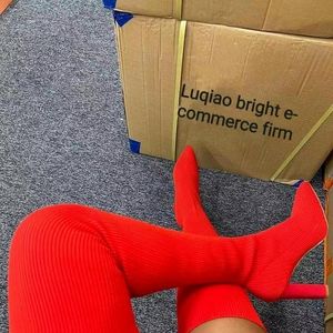 Boots Woman Knee High Winter Thigh Knitted Elastic Socks Shoe Warm and Sexy Stilettos Heels Pointed Overknee Long 221123