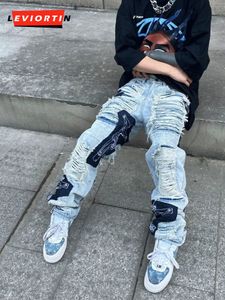 Men's Tracksuits Fashion Streetwear Mens Washed Knife Cut Damaged Patch Ripped Jeans Stitching and Women's Straight Loose Wide Leg Pant 221122