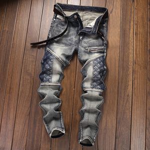 Blue Biker Men's Jeans Ejressed Stretch Ripped Motorcykelbyxor Hip Hop Streetwear Fashion Slim Fit Holes Punk denim Bomullsbyxor