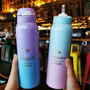 Water Bottles 480ML Insulated Thermals Milk Coffee Cup188 Stainless Steel Thermos Straw Bottle Gradient Sports Vacuum Flask 221122