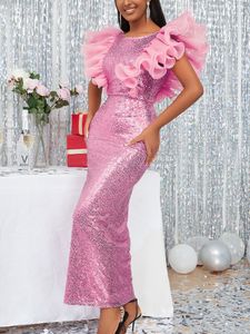 Party Dresses Women Pink Evening Layered Ruffle Flying Sleeve Sequins Sparkly Dress Luxury Long Club Wedding Night Cocktail Gown 221123