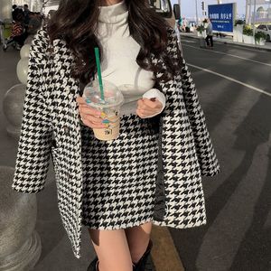 Two Piece Dress Leiouna 2 Set Retro Houndstooth Channel Style Mid length Coat High Waist Skirt Winter Suit Basic Jackets 221122