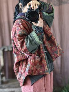 Women's Down Parkas Johnature Vintage Linen V-Neck Print Floral Patchwork Button Coats Winter Chinese Style Warm 221123