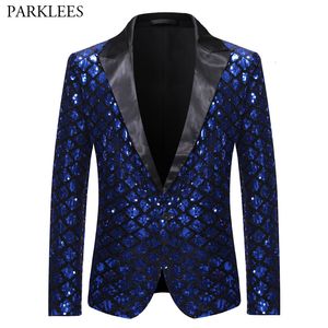 Men's Suits Blazers Royal Blue Sequin Glitter Embellished Blazer Jacket Men One Button Shiny Plaid Tuxedo Mens Nightclub Prom Stage Costumes 221122