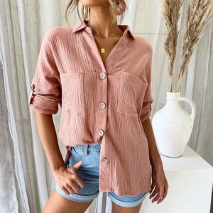 Kvinnors jumpsuits Rompers Cotton Blus Women Summer Shirt Spring Long Sleeve Pink Yellow Blue Casual Tops Ladies Shirt Streetwear 221123