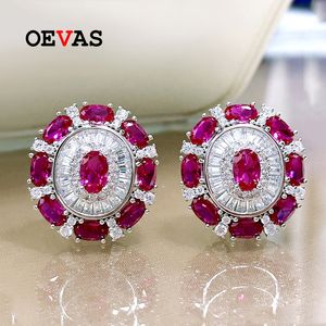 Stud Oevas 100% 925 STERLING Gümüş 46mm Ruby Yüksek Karbon Elmas Küpeler Kadınlar İçin Köpüklü Düğün Partisi Güzel Takı Hediyesi 221119