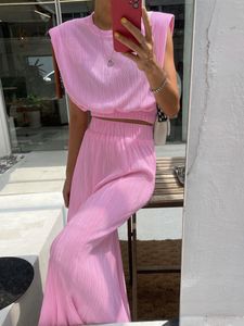 Two Piece Dress Sumuyoo Pleated Elegant Skirt Sets ONeck Shoulder Pads Tank Top Summer Outfit Elastic Waist Trumpet Long Skirts Women Suits 221123