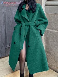 Mieszanki kobiet Aelegantmis zima ciepłe długie jagnięta płaszcz damski pasek luźne skórzane kurtki żeńskie moda mieszane eleganckie ubrania 221123