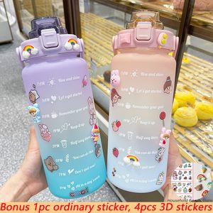 Water Bottles 2 Liters Large Capacity Outdoor Student Drink With Straw Stickers Fitness Jugs Time Scale Sports Plastic Cup 221122