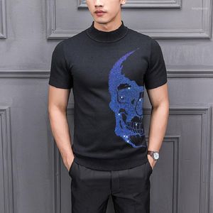 Men's Sweaters Personality High-End Sweater Knitting Pullover Fashion Gradient Diamond Reflective And Sparkling Skull Men Half-Sleeved