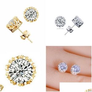 Stud Band New Gold Crown Men Stud Earring 925 Sterling Sier Cz Simated Diamonds Engagement Beautif Women Wedding Crystal Ear 54 M2 D Dhqtr