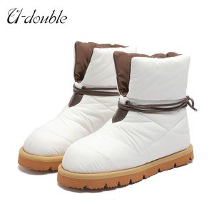 Botas udouble marca inverno tornozelo mulheres de alta qualidade acolchoado nylon para baixo neve mulher redonda dedo do pé plano fundo quente travesseiro 221123