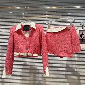 Mulheres duas peças calças prepomp outono camisa colarinho manga retalhos v pescoço casaco curto cinto rosa mini shorts saia conjunto roupas mulheres gg747 221123