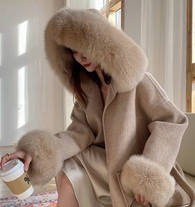 Women's Wool Blends High-Quality fall winter real Cashmere Woolen Coat With Real Fur Hoodie famous fur coats outerwear drop 221123