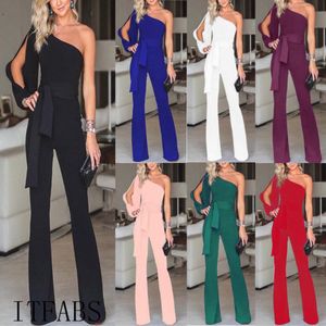 Macacões femininos Rompers Chegada Mulheres Summer Clubwear Playsuit Hollow Out Machone de mangas compridas Solid One ombro Cantura alta Longa Pant 221123