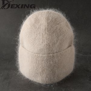 Beanieskull Caps Angora Winter Hat for Womens Rabbit Fur Fluffy Knitte Beanies Bonnet女性ソフトウォームスキーの頭蓋