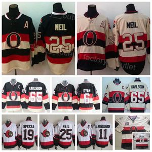 Ottawa Retro Senatörler Hokey 65 Erik Karlsson Jersey 19 Jason Spezza 25 Chris Neil 11 Daniel Alfredsson 6 Bobby Ryan Vintage Black White'Nhl''Shirt