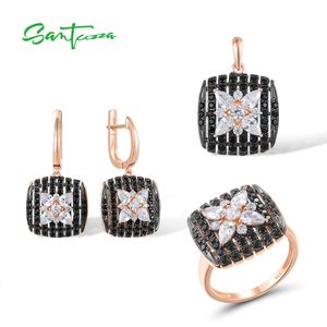 Pendanthalsband Santuzza Sterling Silver Jewelry Set för kvinnor Sparkling Black Spinel White CZ Earrings Ring Party Fine Chic