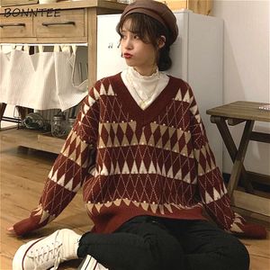 Kvinnors tröjor Kvinnor Vintage Argyle Korean All-Match Chic V-ringad damer Pullovers Student Lazy Style Winter Womens tröja 221123