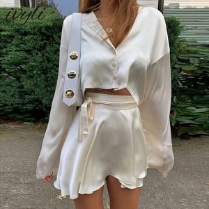 Two Piece Dress Women's Suit White Elegant Satin 2 Piece Ladies Lantern Long Sleeve Crop Top Cardigan Sexy High Waist Mini Tennis Sports Skirt 221123