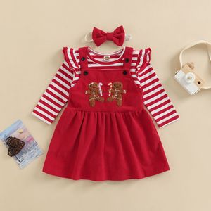 Completi di abbigliamento -08-01 Lioraitiin 0-24M Neonata Neonata Stampa a righe natalizie Maniche lunghe Pagliaccetto con volant Gingerbread Man Bib Dress 221122