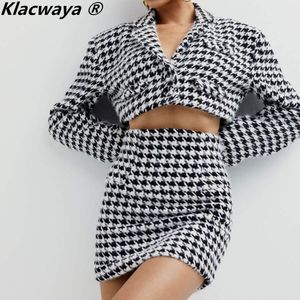Duas peças vestido klacwaya houndstooth outono terno para mulheres definir ternos com saia saias de cintura alta feminino curto blazer conjuntos 221123