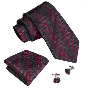 Bow Ties DiBanGu Geometric Red Black For Men With Hanky Cufflinks Set Hand Made Silk Neck Tie Male Wedding Party Business MJ-584