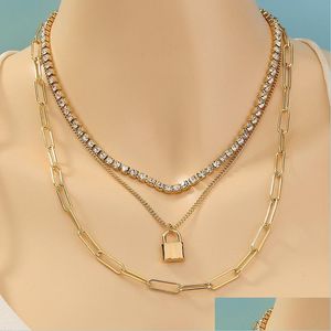 Pendant Necklaces Gold Lock Pendant Necklaces Mtilayer Stacking Iced Out Chains Chokers Necklace Collar For Women Fashion Jewelry Dr Dhh2X