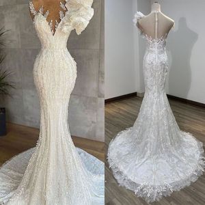 2023 Wunderschöne Meerjungfrau Brautkleider Brautkleid Lace Applique ärmelloses Zug Rüschen maßgeschneiderte Strandland Plus Größe Vestido de Novia